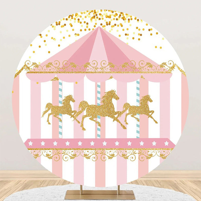 Aperturee - Pink Gold Carousel Circus Round Birthday Backdrop