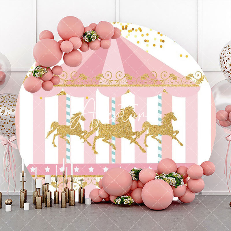 Aperturee - Pink Gold Carousel Circus Round Birthday Backdrop