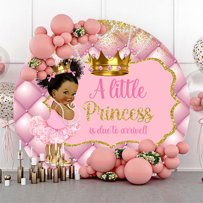 Aperturee - Pink Gold Crown Round Baby Shower Backdrop For Girl