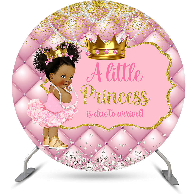 Aperturee - Pink Gold Crown Round Baby Shower Backdrop For Girl