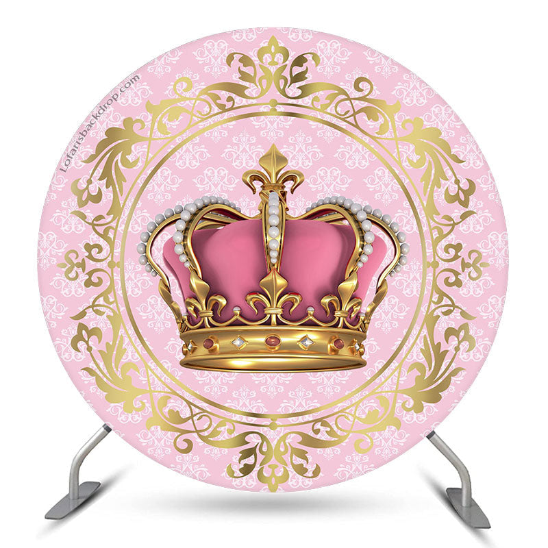 Aperturee Pink Gold Crown Round Birthday Backdrop For Girl