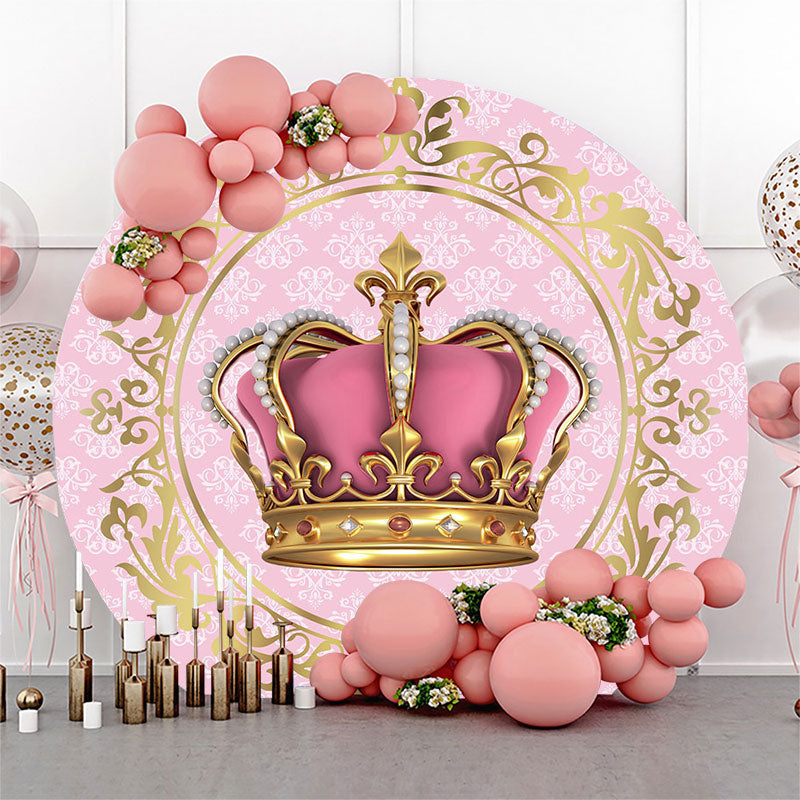 Aperturee Pink Gold Crown Round Birthday Backdrop For Girl