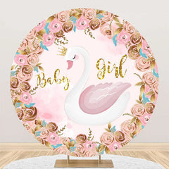 Aperturee - Pink Gold Floral Swan Round Baby Shower Backdrop