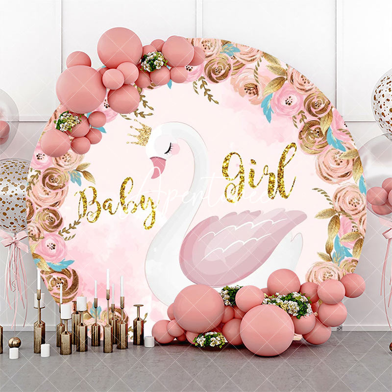 Aperturee - Pink Gold Floral Swan Round Baby Shower Backdrop