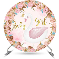 Aperturee - Pink Gold Floral Swan Round Baby Shower Backdrop