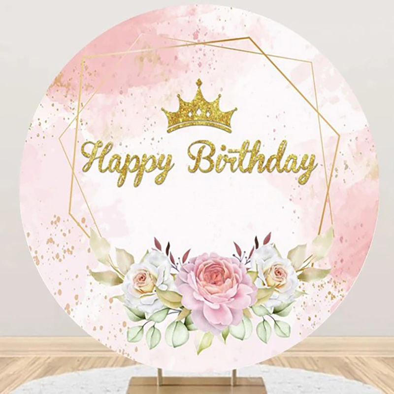 Aperturee - Pink Gold Glitter Floral Round Birthday Backdrop