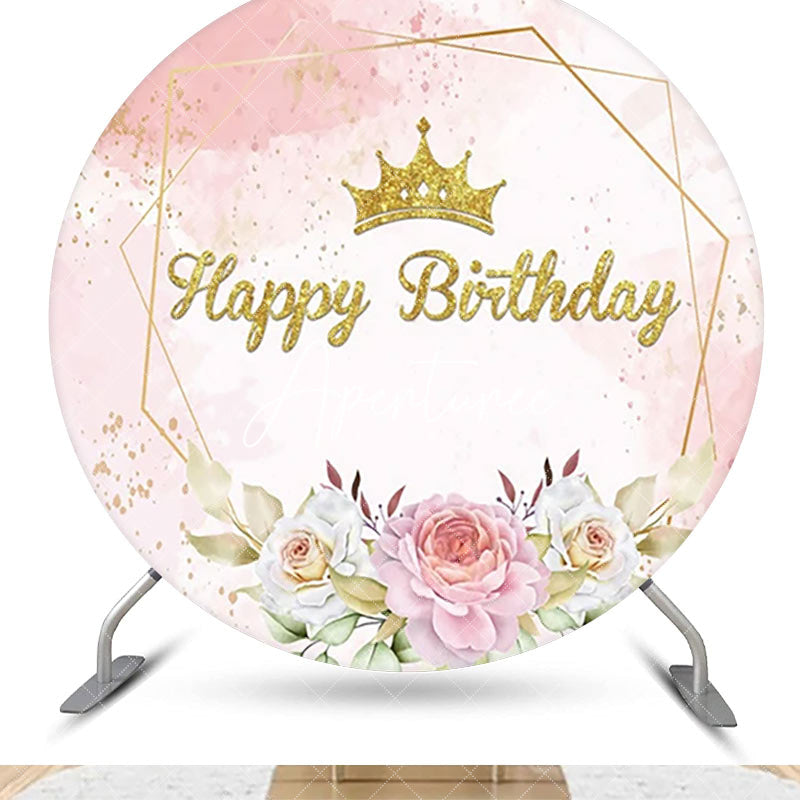 Aperturee - Pink Gold Glitter Floral Round Birthday Backdrop