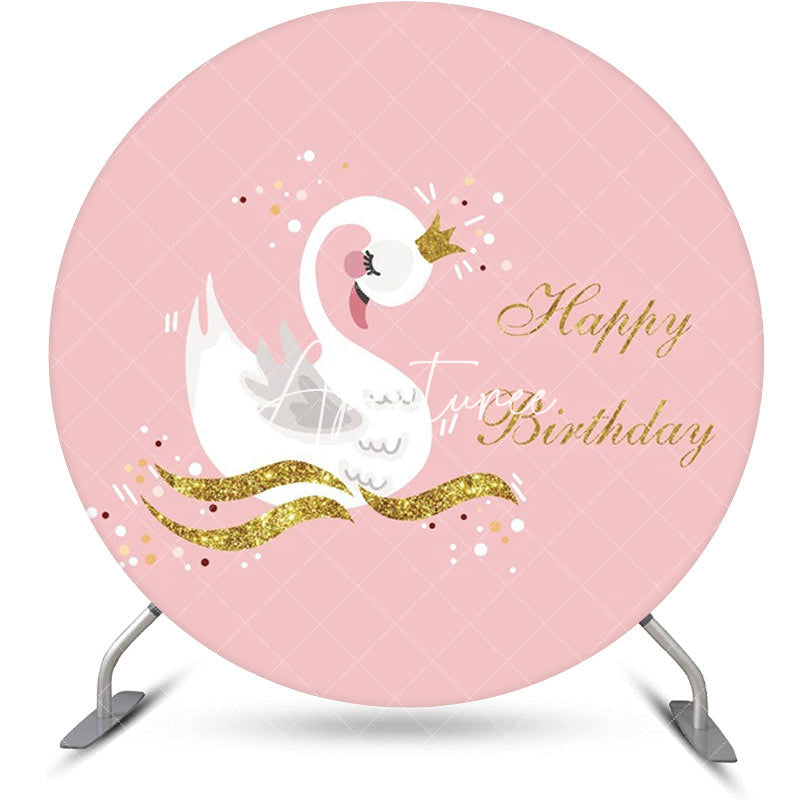 Aperturee - Pink Gold Glitter White Swan Round Birthday Backdrop