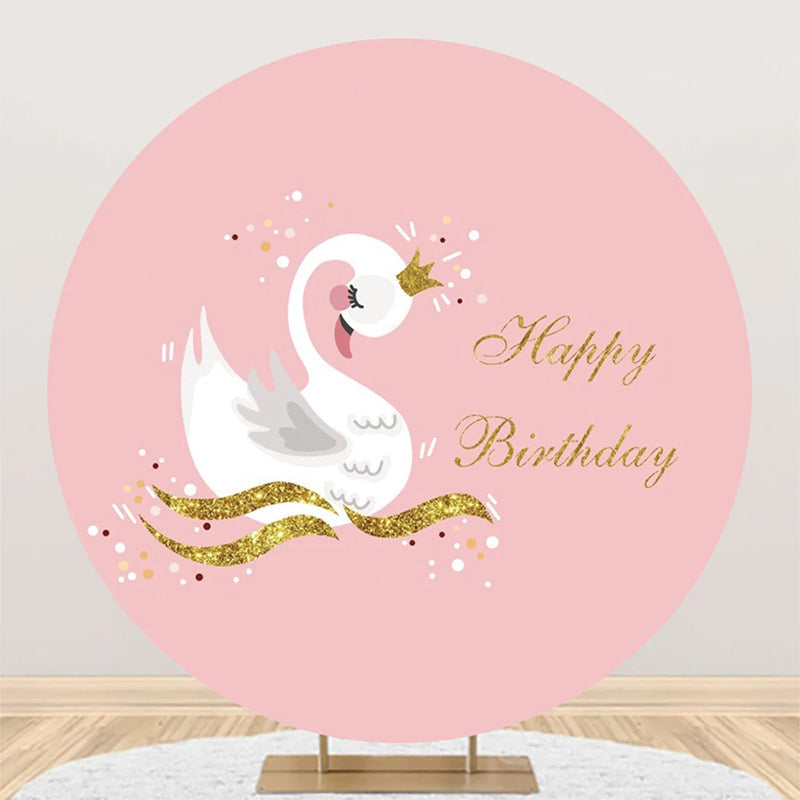 Aperturee - Pink Gold Glitter White Swan Round Birthday Backdrop