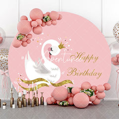 Aperturee - Pink Gold Glitter White Swan Round Birthday Backdrop