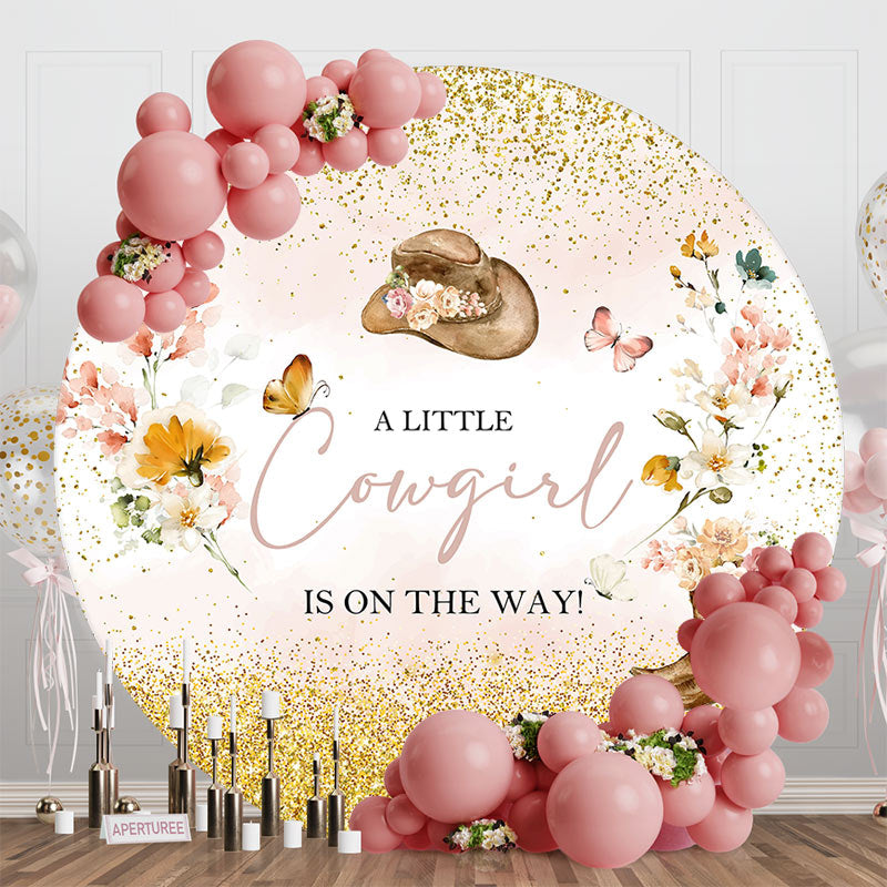 Aperturee - Pink Gold Little Cowgirl Round Baby Shower Backdrop