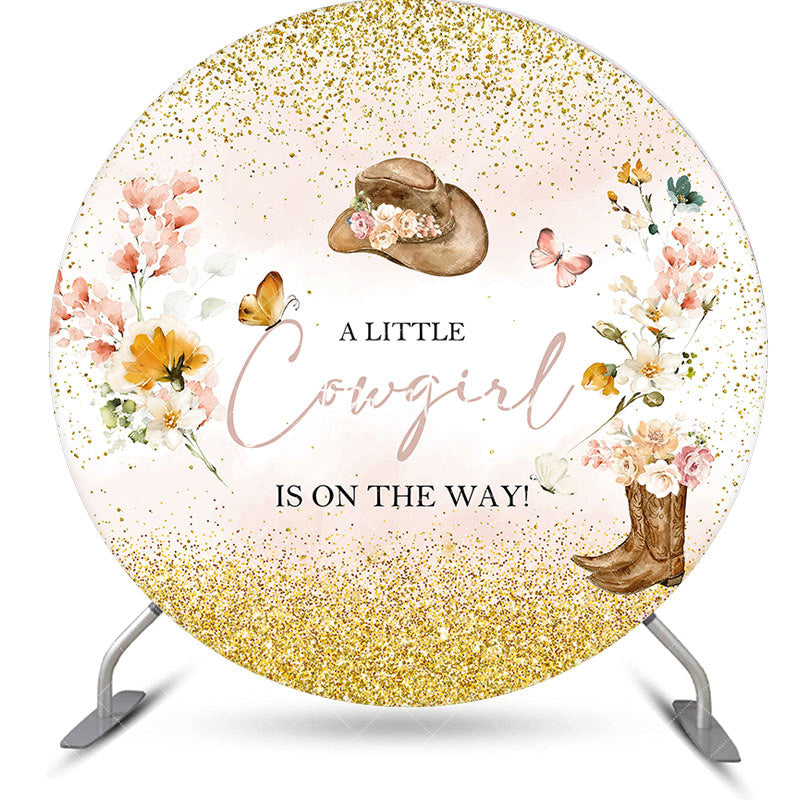 Aperturee - Pink Gold Little Cowgirl Round Baby Shower Backdrop