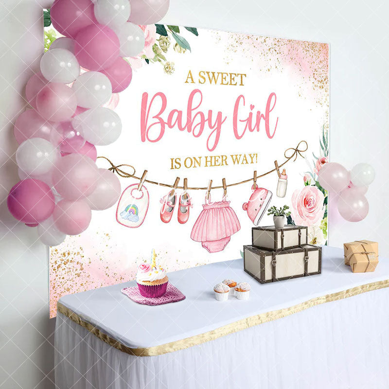 Aperturee - Pink Golden Floral Baby Shower Backdrop For Girls