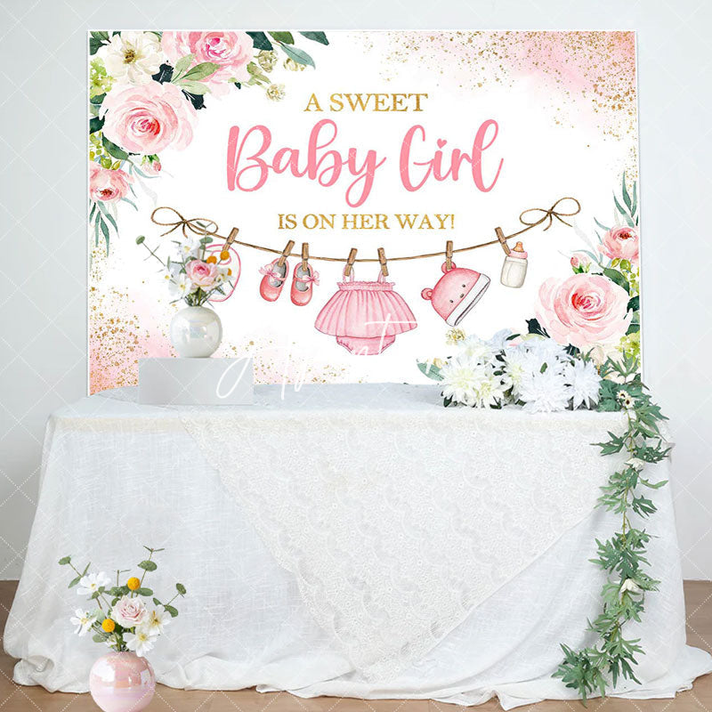 Aperturee - Pink Golden Floral Baby Shower Backdrop For Girls