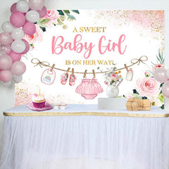 Aperturee - Pink Golden Floral Baby Shower Backdrop For Girls