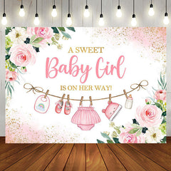 Aperturee - Pink Golden Floral Baby Shower Backdrop For Girls