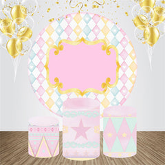 Aperturee - Pink Golden Heart Star Round Birthday Backdrop Kit