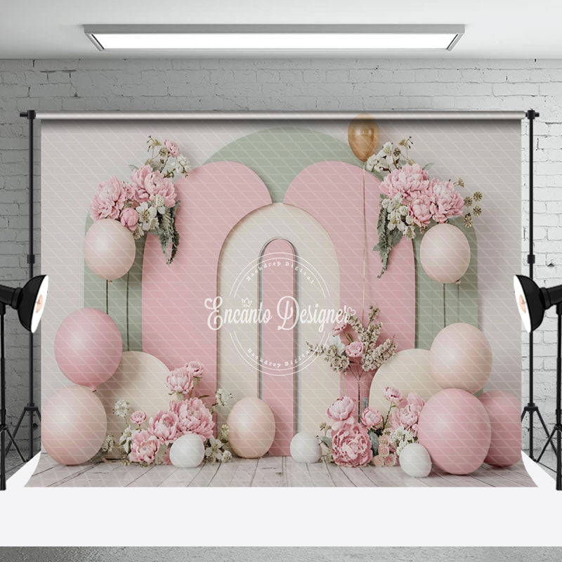 Aperturee - Pink Green Arch Floral Balloons Cake Smash Backdrop