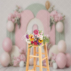 Aperturee - Pink Green Arch Floral Balloons Cake Smash Backdrop