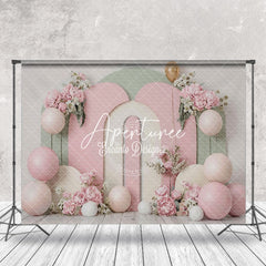 Aperturee - Pink Green Arch Floral Balloons Cake Smash Backdrop