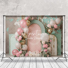 Aperturee - Pink Green Balloons Floral Retro Cake Smash Backdrop