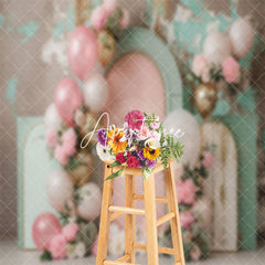 Aperturee - Pink Green Balloons Floral Retro Cake Smash Backdrop