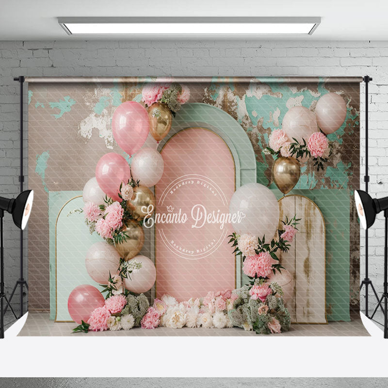 Aperturee - Pink Green Balloons Floral Retro Cake Smash Backdrop