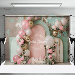 Aperturee - Pink Green Balloons Floral Retro Cake Smash Backdrop