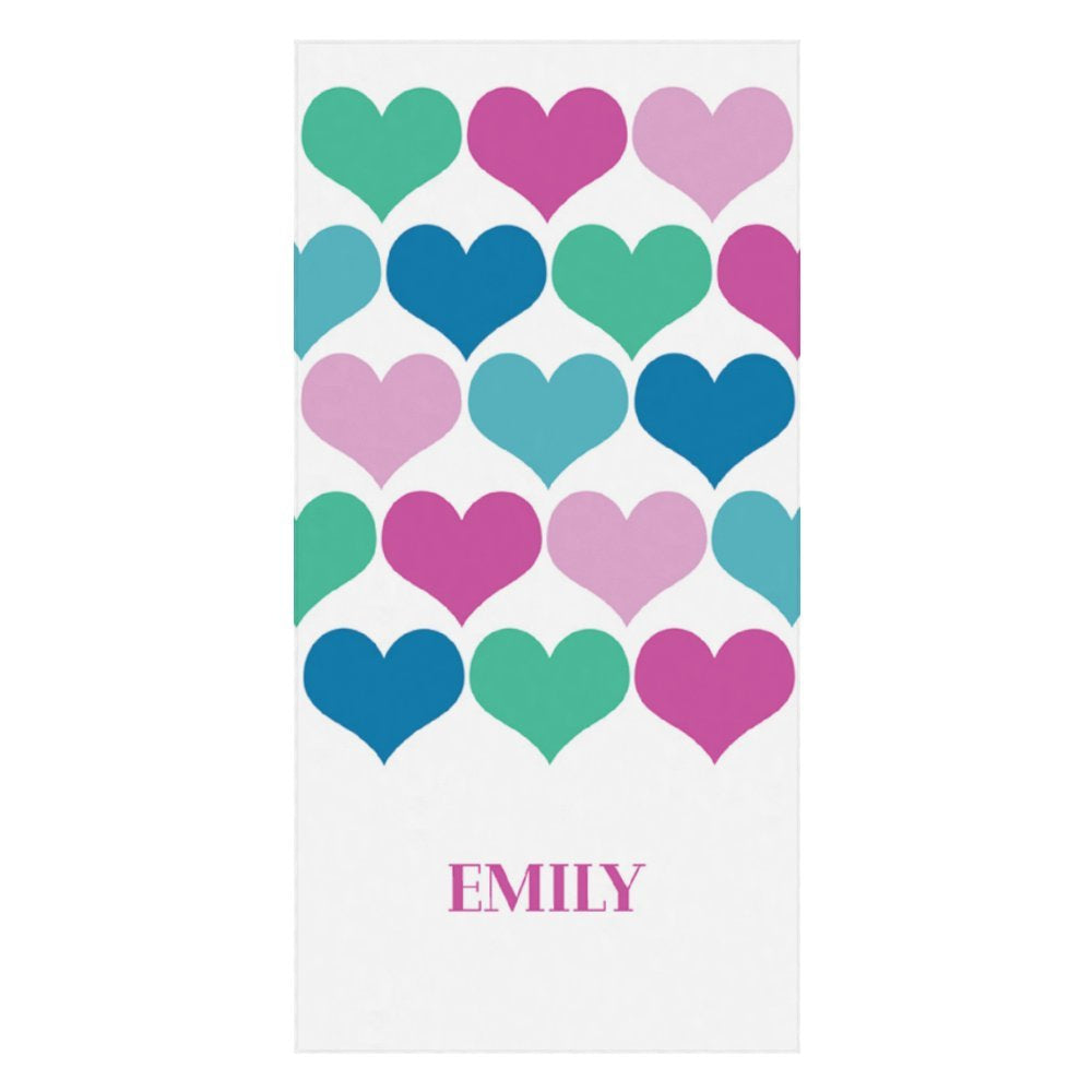 Aperturee - Pink Green Blue Heart Personalized Name Beach Towel