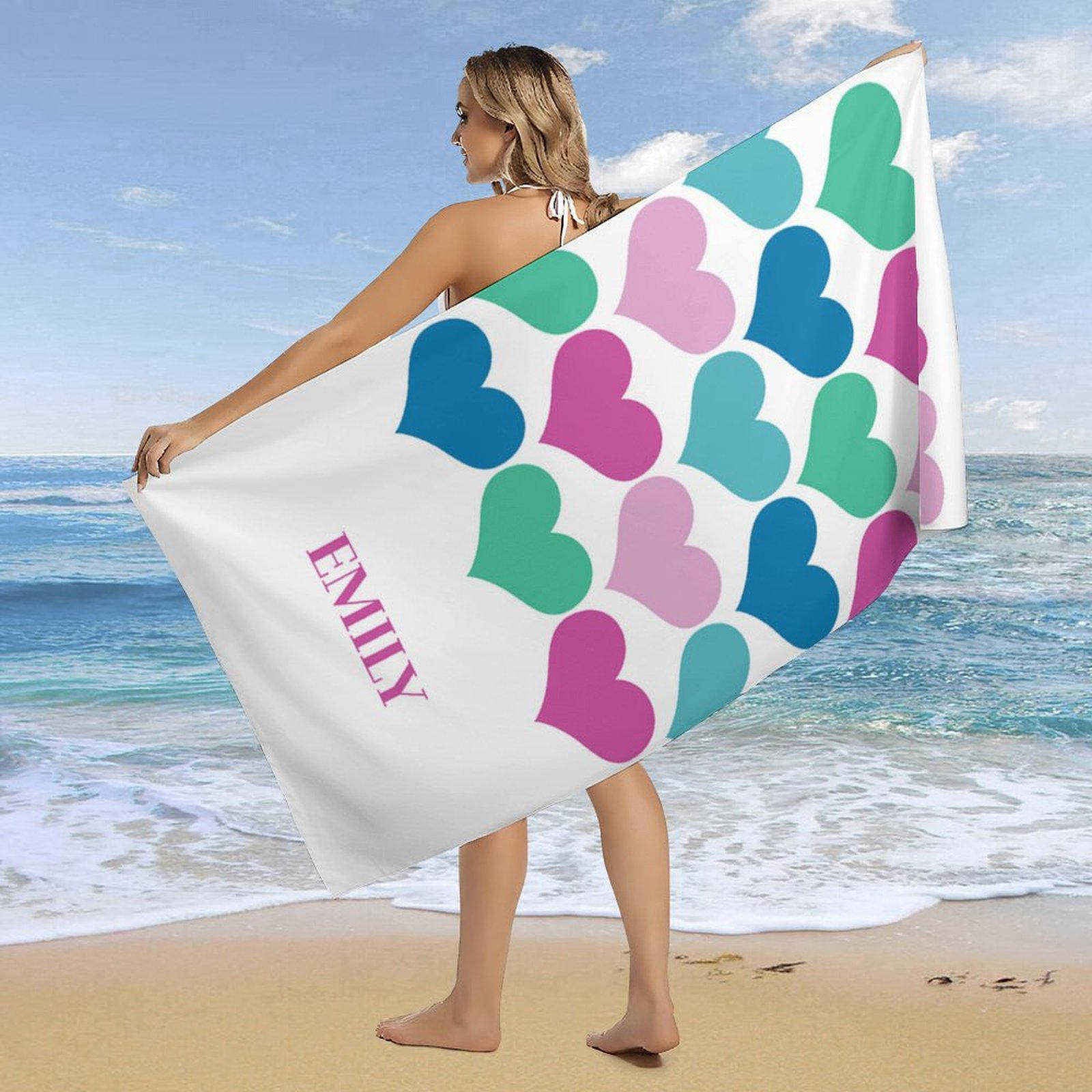 Aperturee - Pink Green Blue Heart Personalized Name Beach Towel