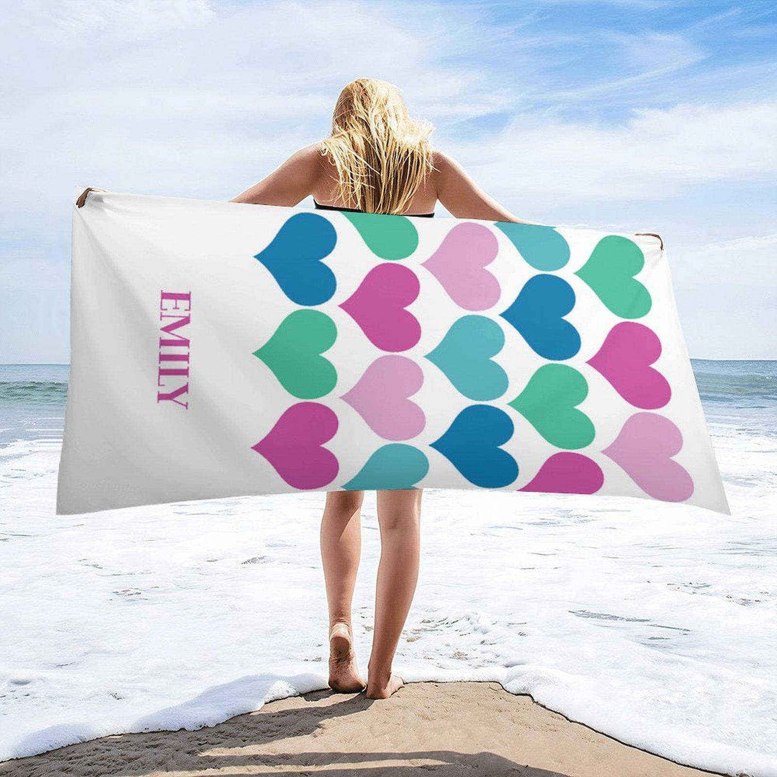 Aperturee - Pink Green Blue Heart Personalized Name Beach Towel