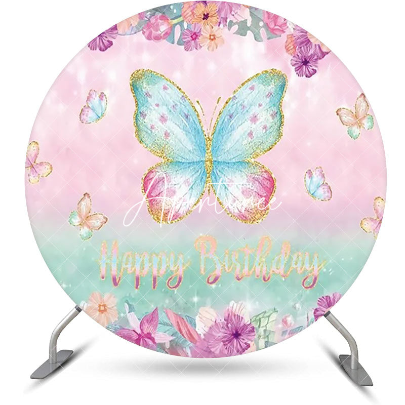 Aperturee - Pink Green Butterfly Floral Round Birthday Backdrop