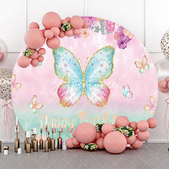 Aperturee - Pink Green Butterfly Floral Round Birthday Backdrop