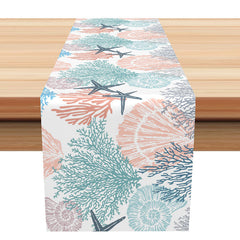 Aperturee - Pink Green Coral Starfish Conch Coastal Table Runner