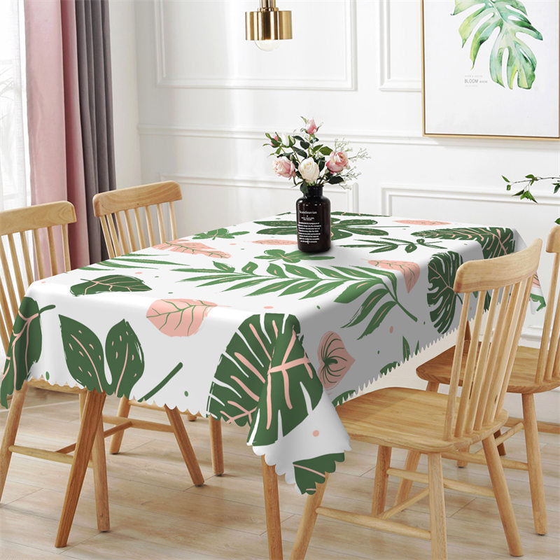 Aperturee - Pink Green Leaves Spring White Rectangle Tablecloth