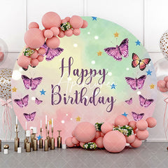 Aperturee - Pink Green Purple Butterfly Round Birthday Backdrop