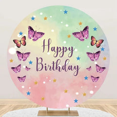 Aperturee - Pink Green Purple Butterfly Round Birthday Backdrop