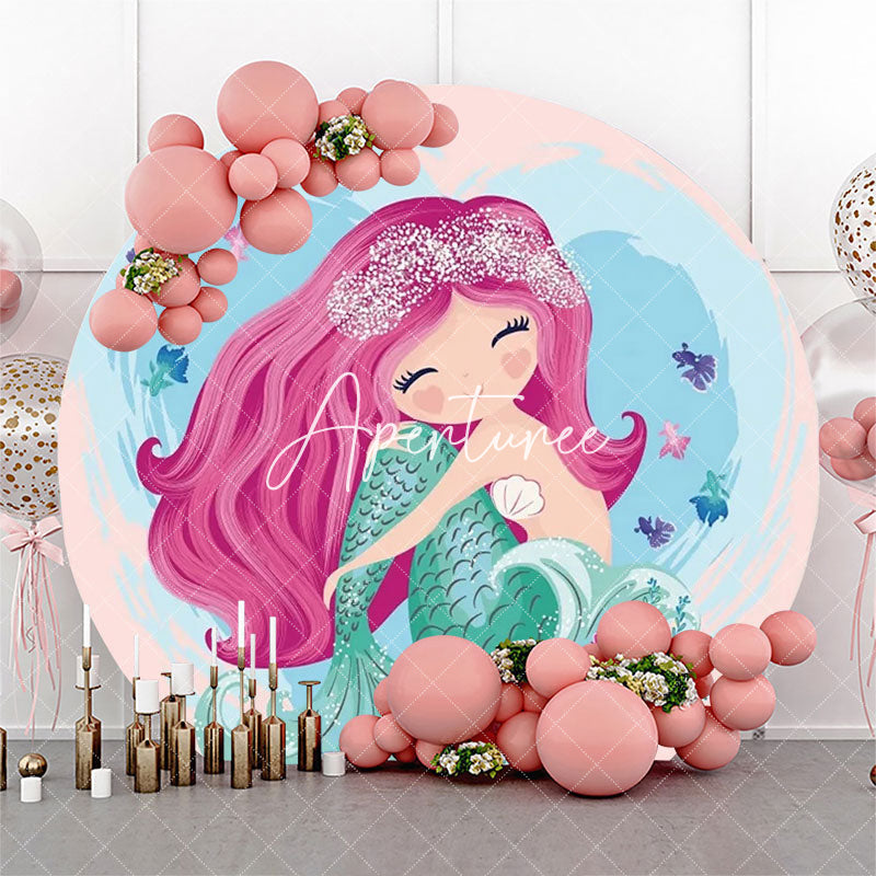 Aperturee - Pink Hair Mermaid Fish Circle Girl Birthday Backdrop