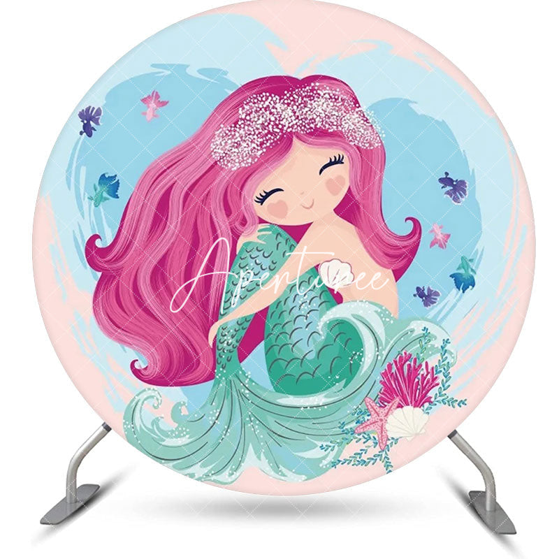 Aperturee - Pink Hair Mermaid Fish Circle Girl Birthday Backdrop