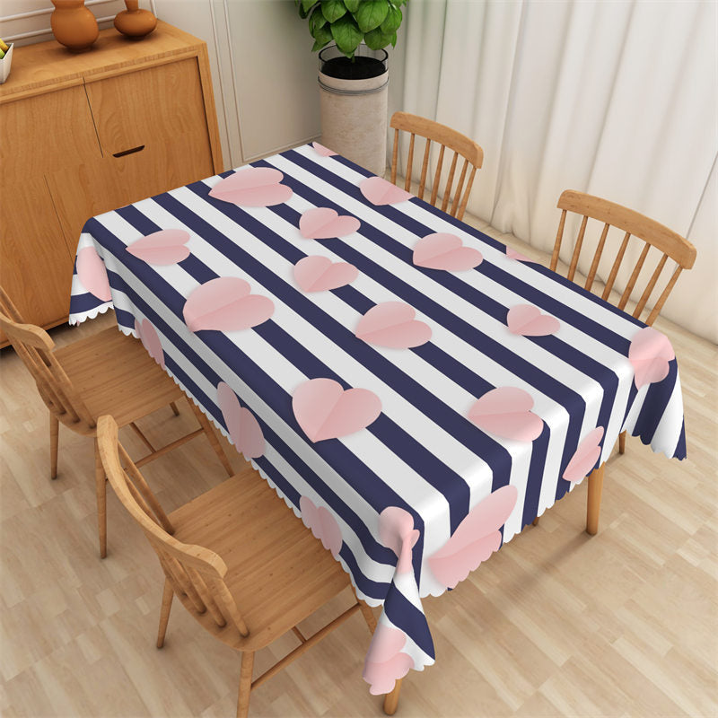 Aperturee - Pink Heart Blue White Stripes Rectangle Tablecloth