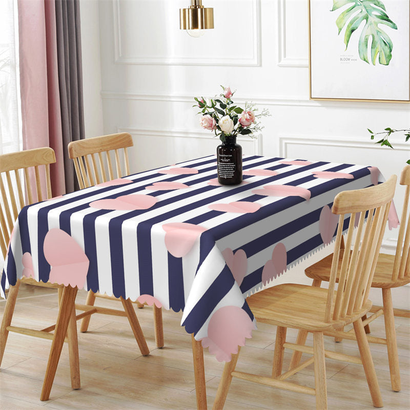 Aperturee - Pink Heart Blue White Stripes Rectangle Tablecloth