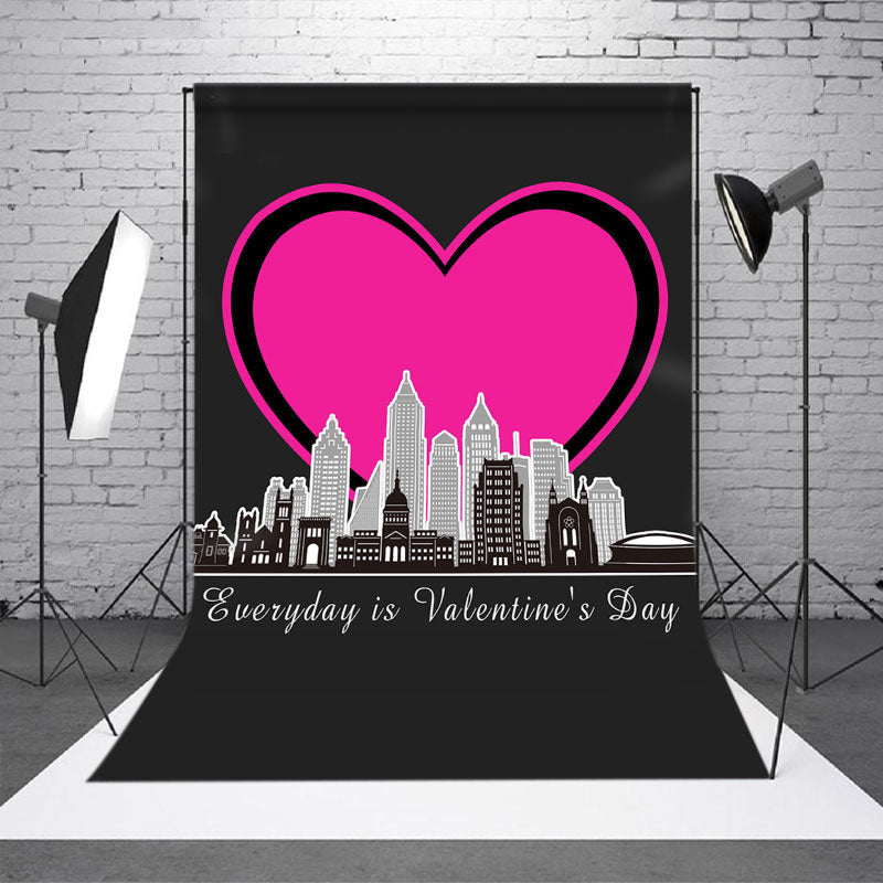 Aperturee - Pink Heart City Buildings Valentines Day Backdrop