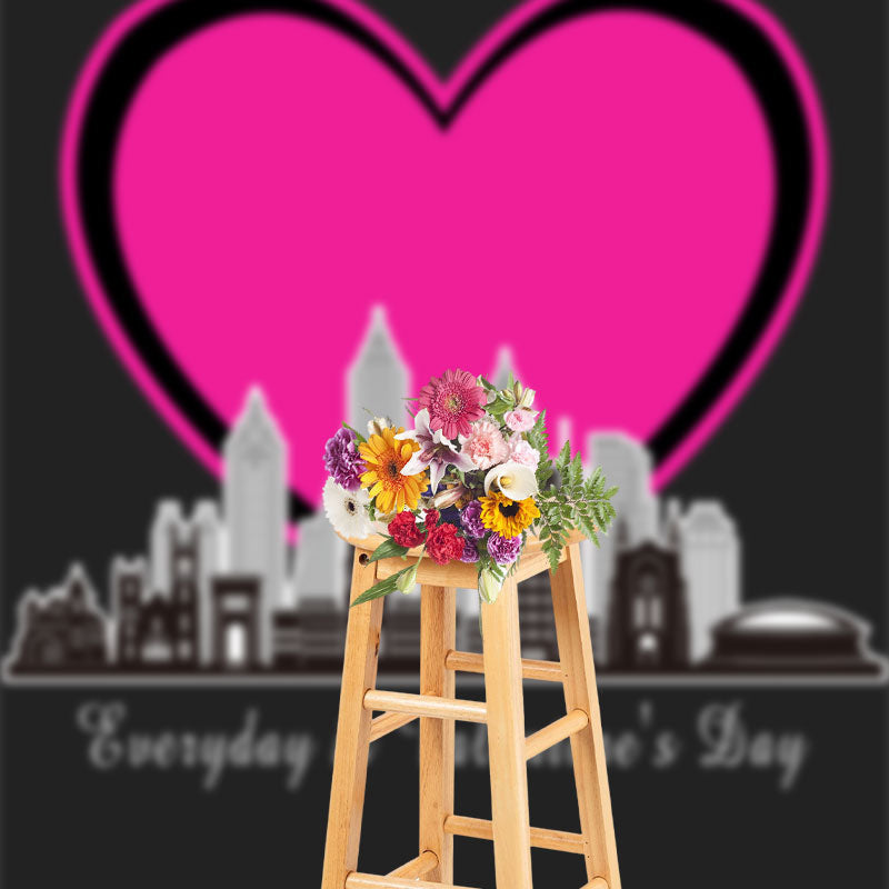 Aperturee - Pink Heart City Buildings Valentines Day Backdrop