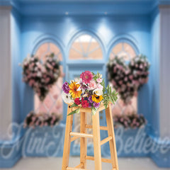 Aperturee - Pink Heart Shaped Blue Shop Wall Floral Backdrop