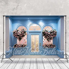 Aperturee - Pink Heart Shaped Blue Shop Wall Floral Backdrop