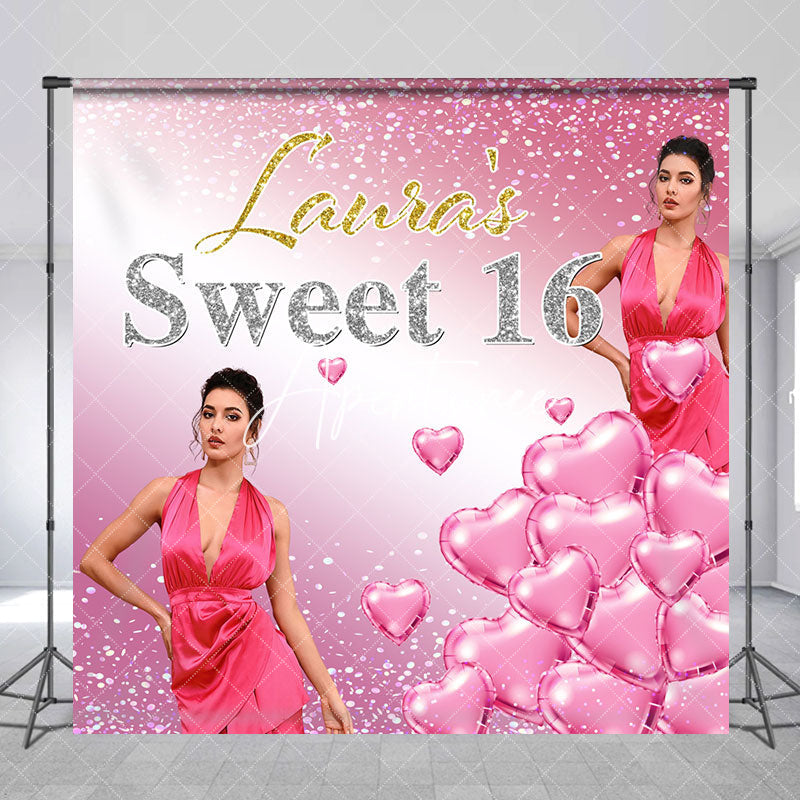 Aperturee - Pink Hearts Sweet 16 Custom Birthday Backdrop