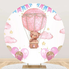 Aperturee - Pink Hot Air Balloon Bear Circle Birthday Backdrop