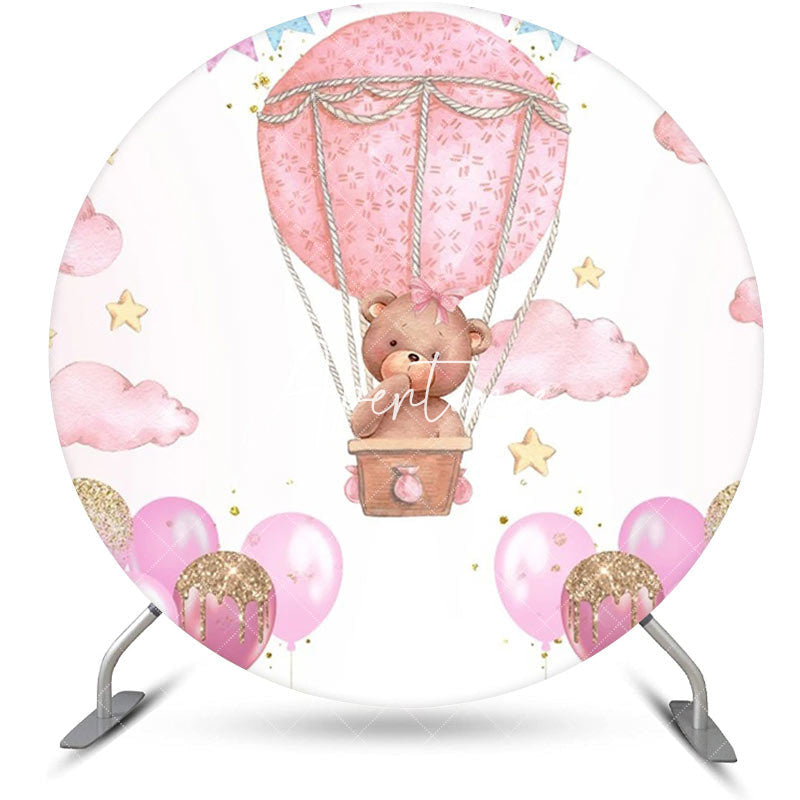 Aperturee - Pink Hot Air Balloon Bear Circle Birthday Backdrop