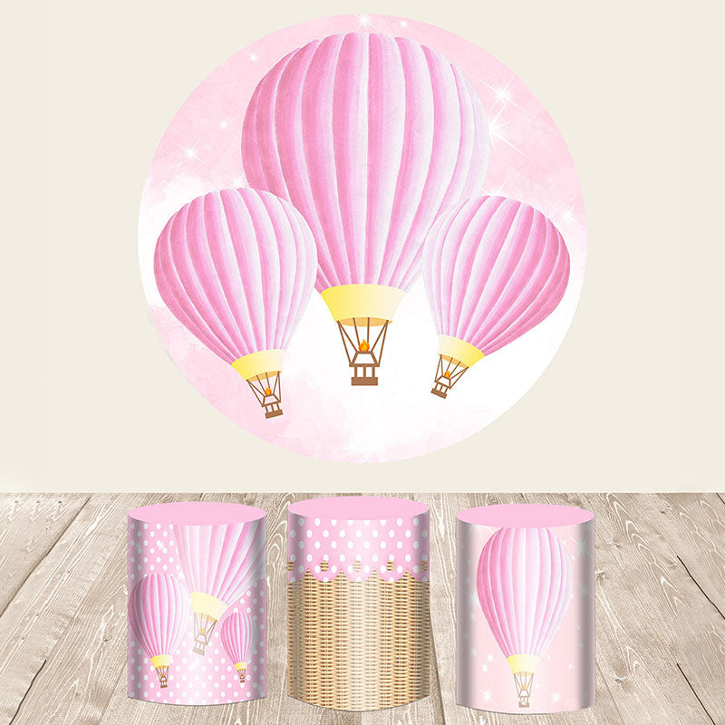 Aperturee Pink Hot Air Balloon In The Sky Round Backdrop Kit