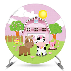 Aperturee - Pink House And Animals Circle Baby Shower Backdrop